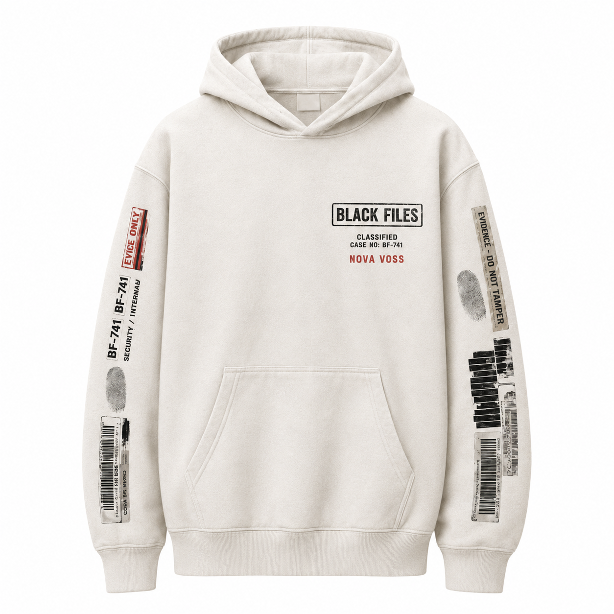 BLACK FILES hoodie sleeve detail with Eyes Only stamp, BF-741 case number, fingerprint mark, barcode print, and evidence-inspired graphics.