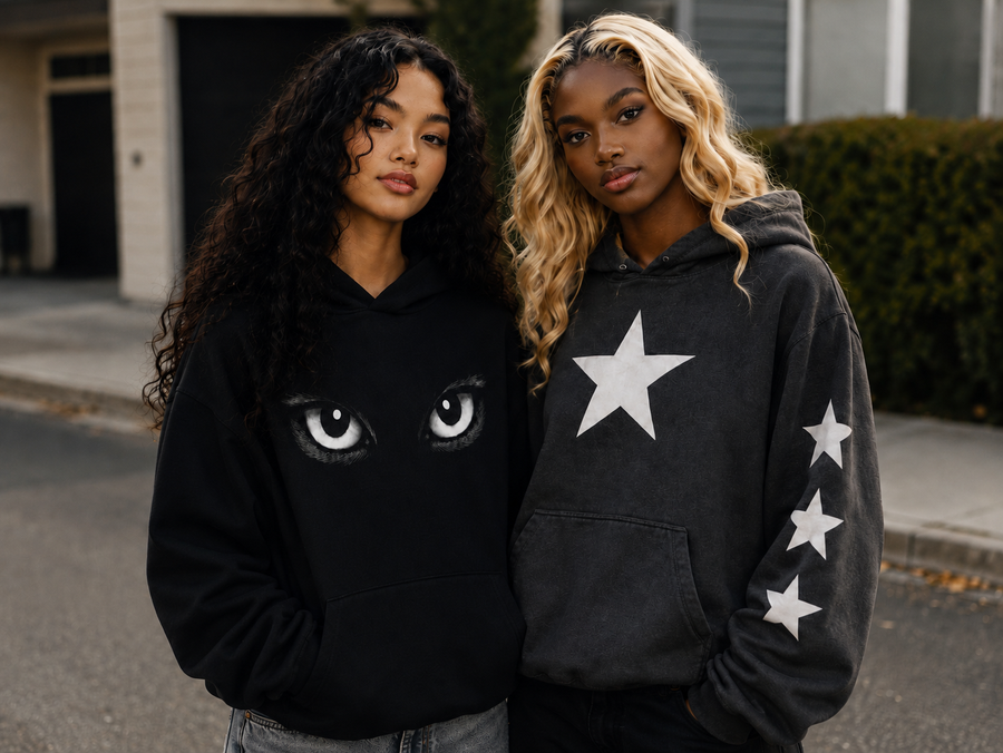 Model wearing a BAEPSAE graphic hoodie from a limited edition drop