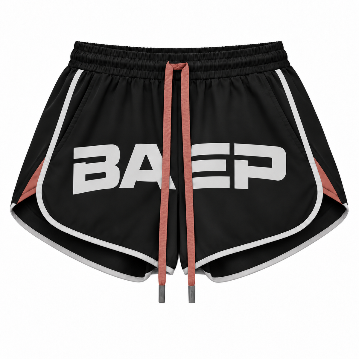 BAEPSAE SPORT Outside Performance women's running shorts in black with BAEP logo, terracotta drawcord and contrast trim