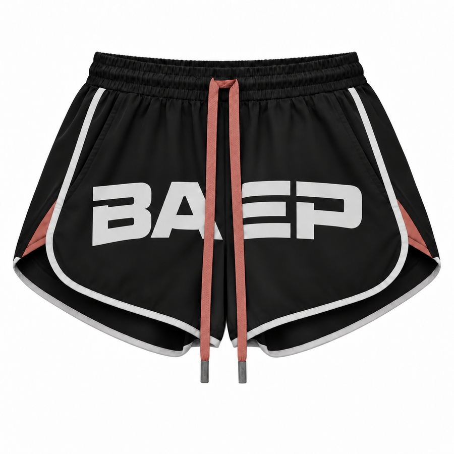 BAEPSAE SPORT Outside Performance women's running shorts in black with BAEP logo, terracotta drawcord and contrast trim