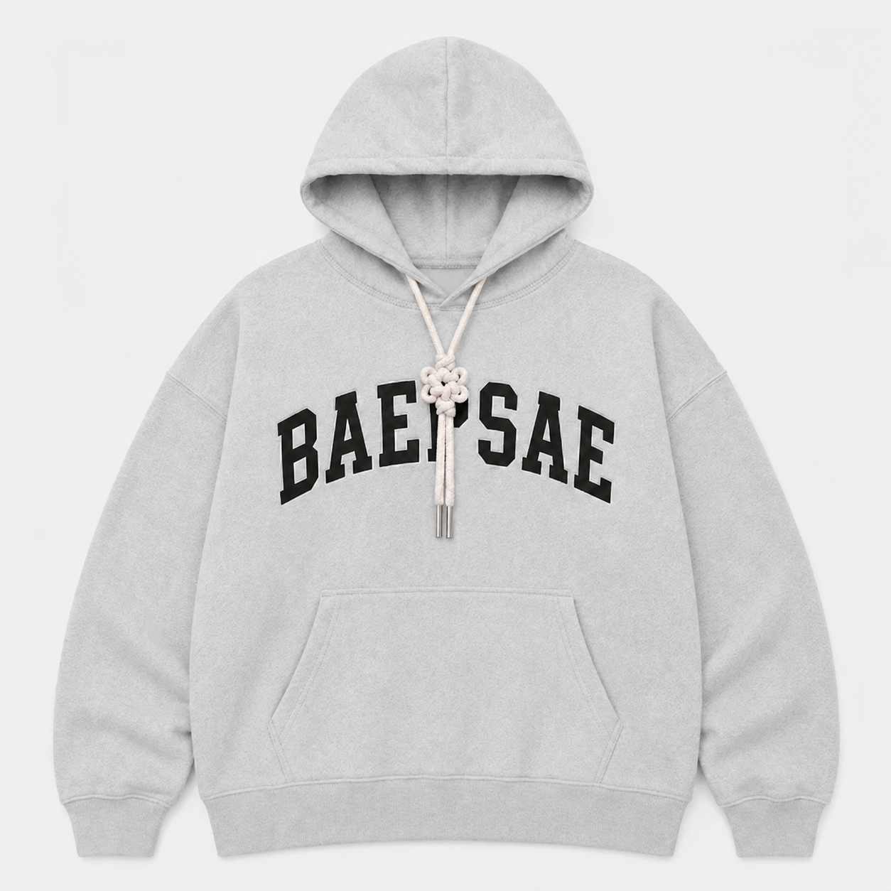 Gray hoodie with 'BAEPSAE' text on a white background