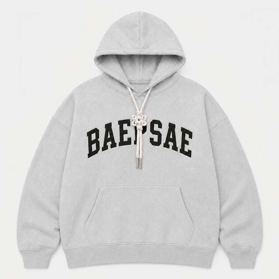 Gray hoodie with 'BAEPSAE' text on a white background
