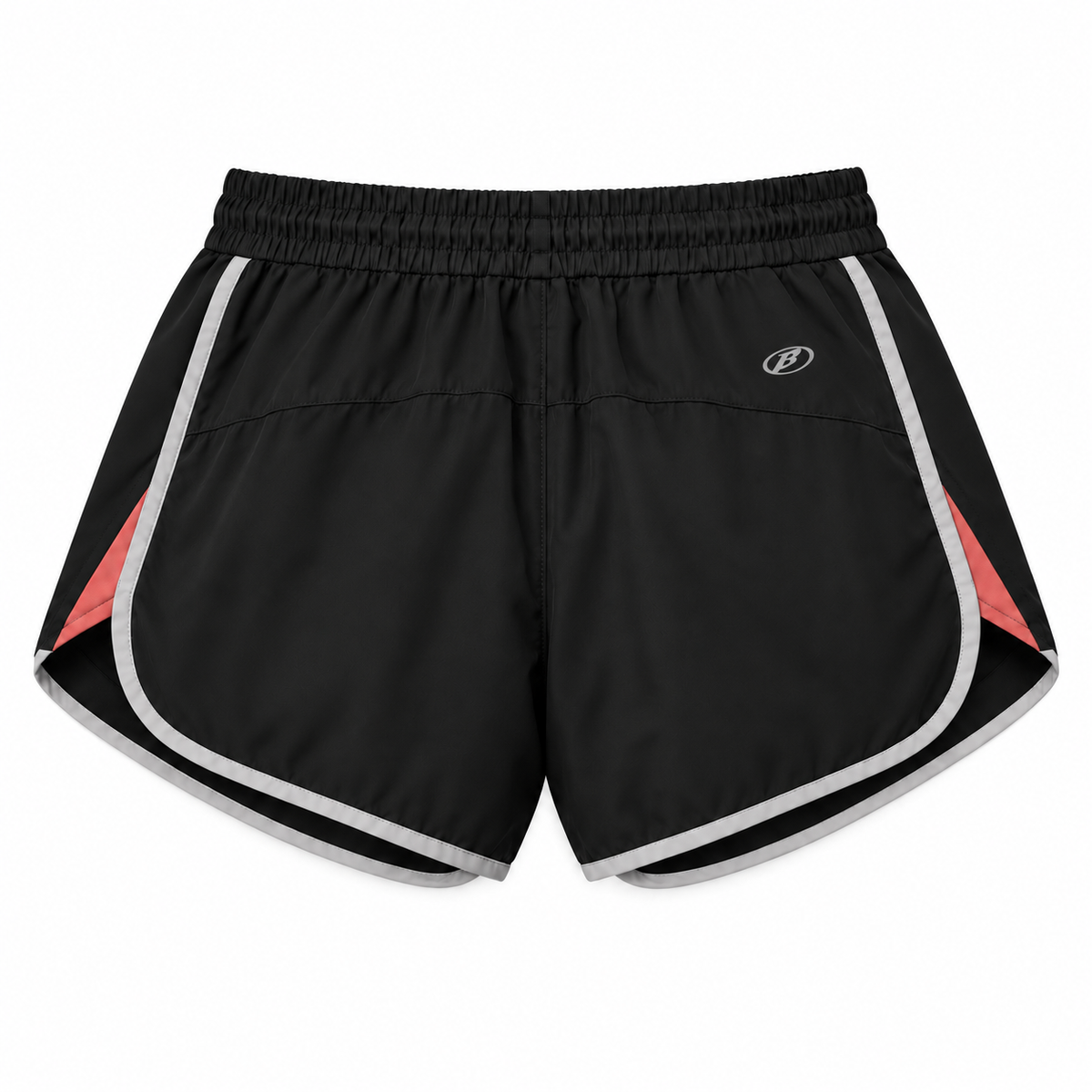 Back view of BAEPSAE SPORT women's running shorts in black with reflective-style trim and B logo