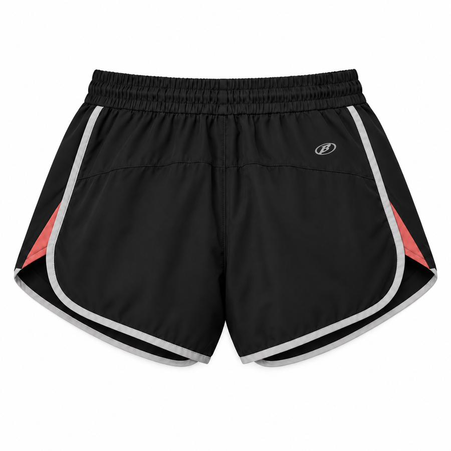 Back view of BAEPSAE SPORT women's running shorts in black with reflective-style trim and B logo