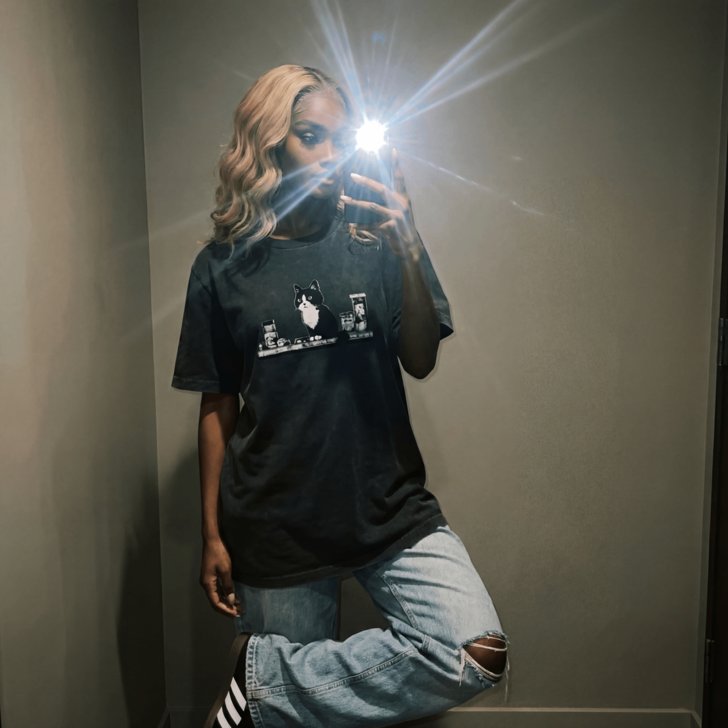 Midnight Cat Oversized Vintage T-Shirt lifestyle