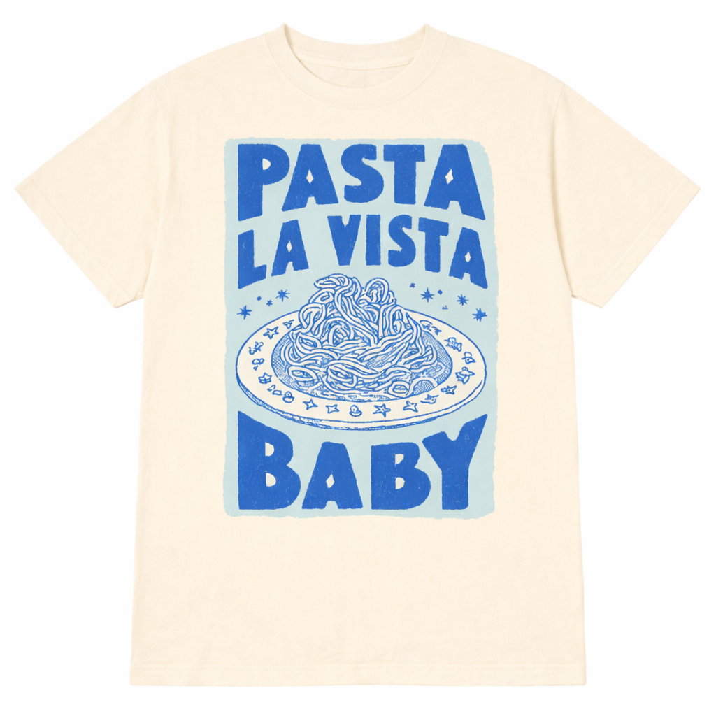 Funny pasta graphic tee featuring the viral “Pasta La Vista Baby” design. Premium oversized streetwear shirt inspired by Y2K fashion and food humor culture.