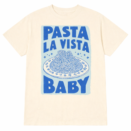 Funny pasta graphic tee featuring the viral “Pasta La Vista Baby” design. Premium oversized streetwear shirt inspired by Y2K fashion and food humor culture.
