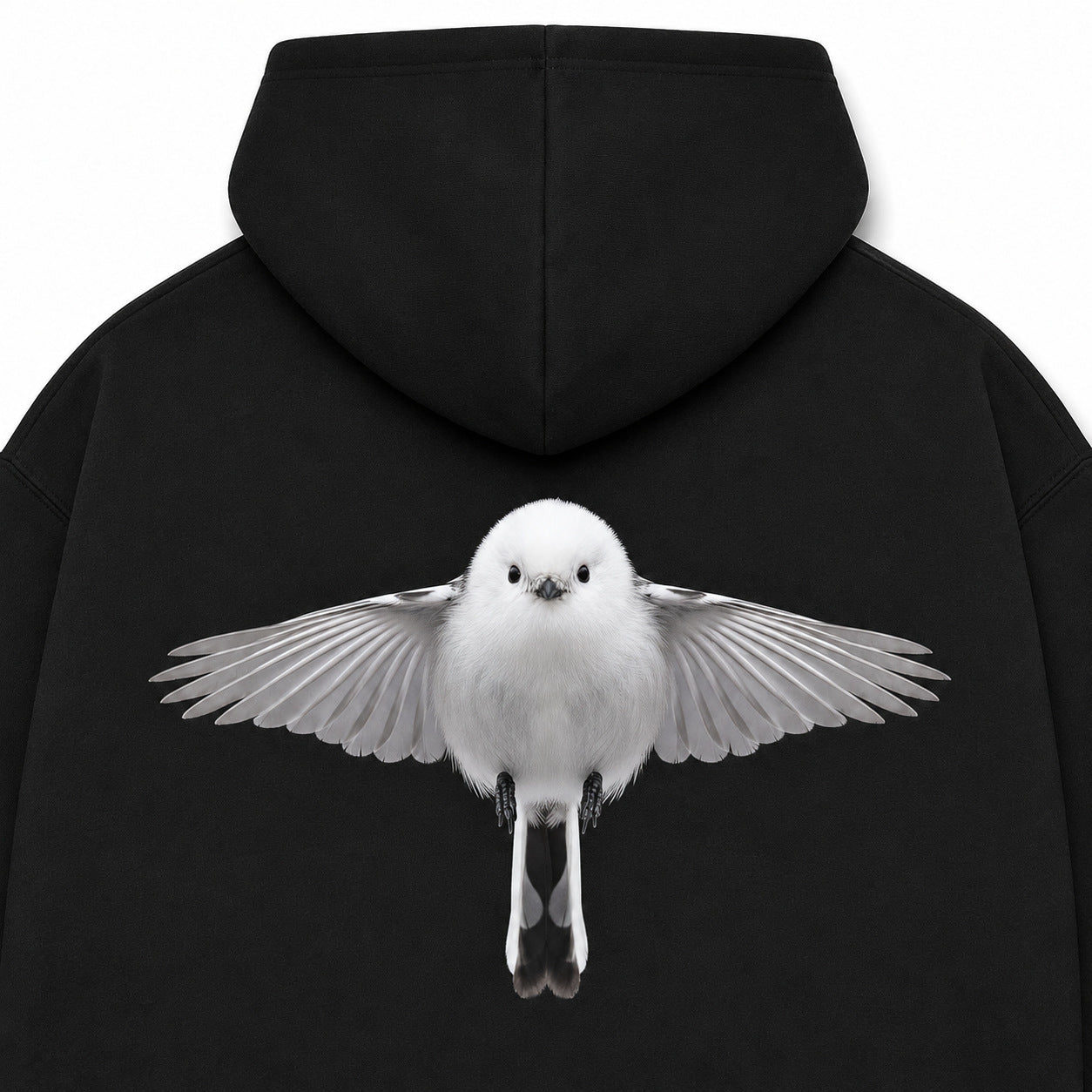 Close-up of detailed white BAEPSAE Bird graphic printed across black heavyweight hoodie