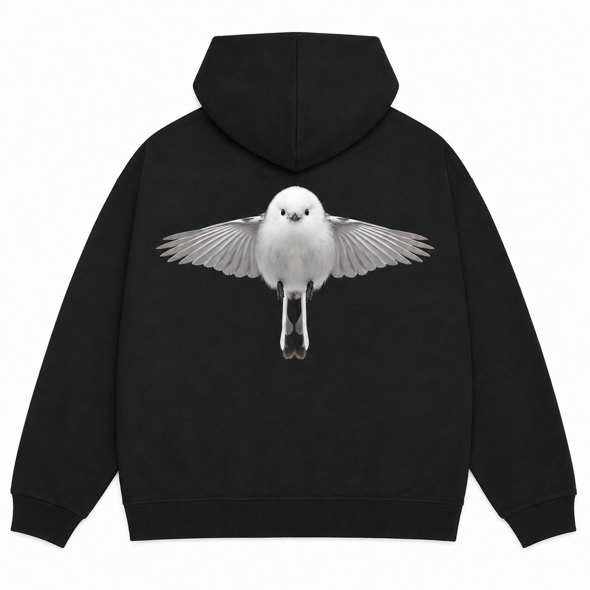 Close-up of white BAEPSAE collegiate graphic on black heavyweight cotton hoodie