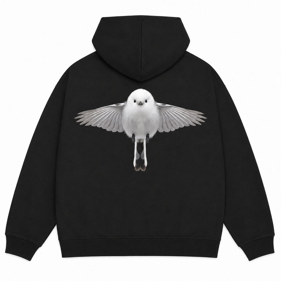 Close-up of white BAEPSAE collegiate graphic on black heavyweight cotton hoodie