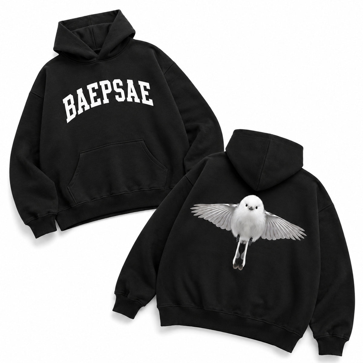 BAEPSAE Bird heavyweight oversized black hoodie front and back with collegiate logo and white bird graphic