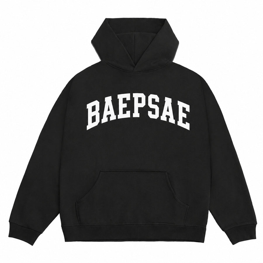 BAEPSAE Bird heavyweight oversized black hoodie with white collegiate BAEPSAE front graphic