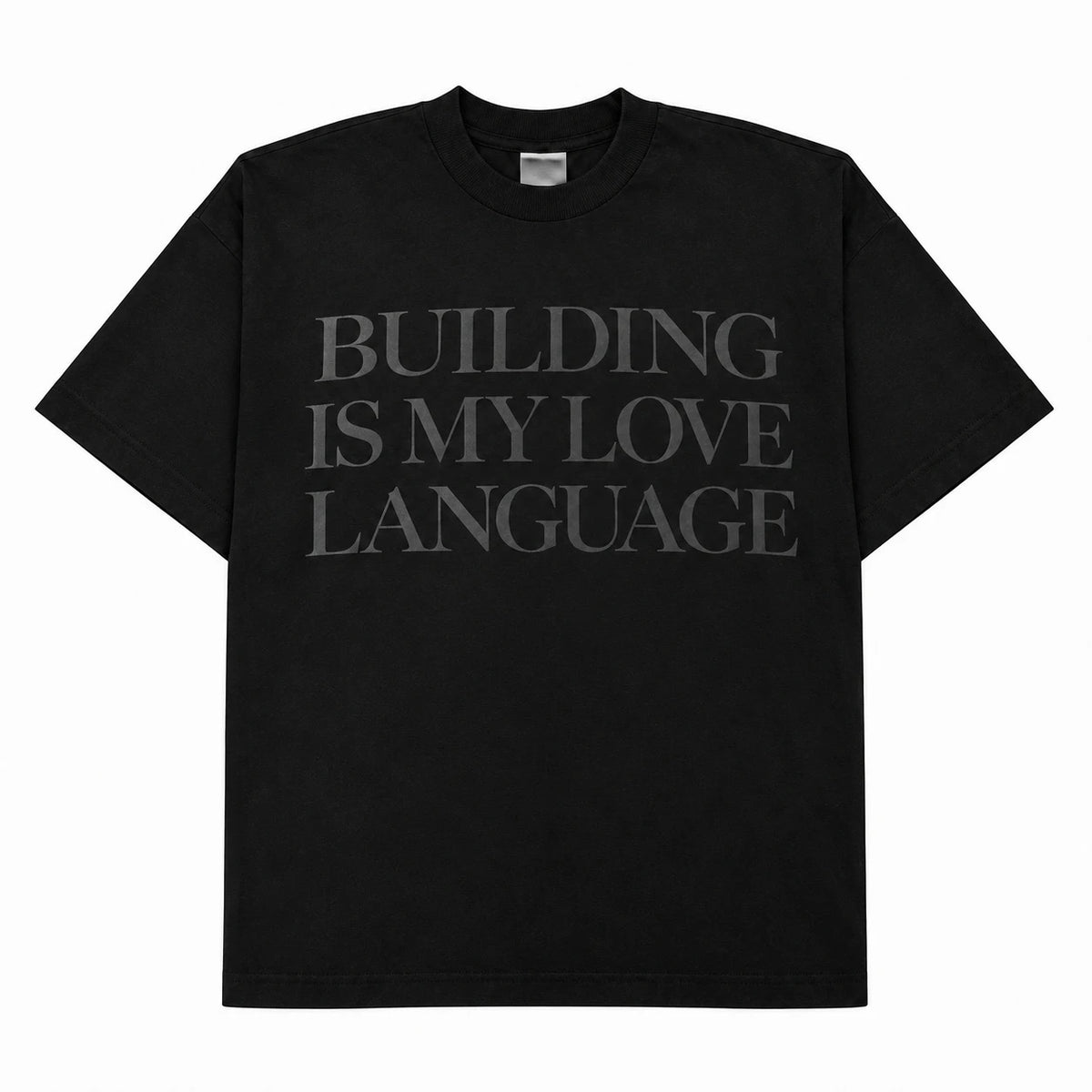 BAEPSAE Building Is My Love Language oversized black T-shirt with tonal black-on-black front screen print