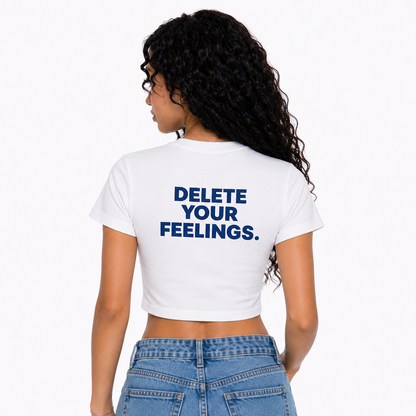 BAEPSAE CHUNKY Delete My Feelings back white baby tee with blue logo