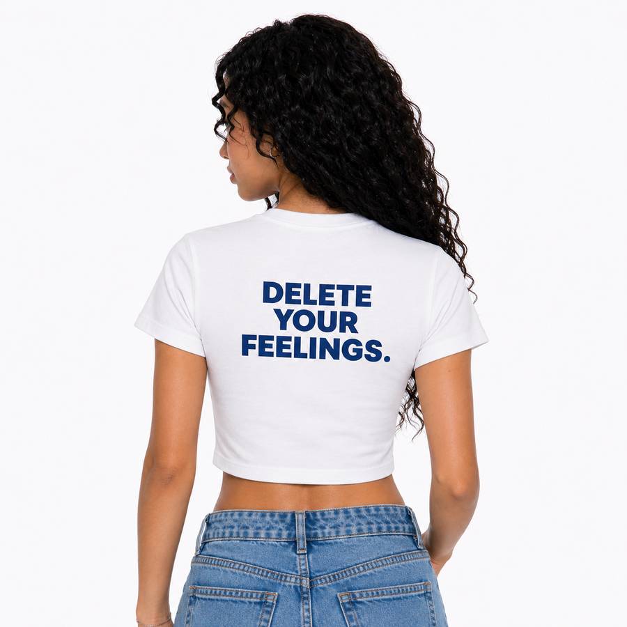 BAEPSAE CHUNKY Delete My Feelings back white baby tee with blue logo