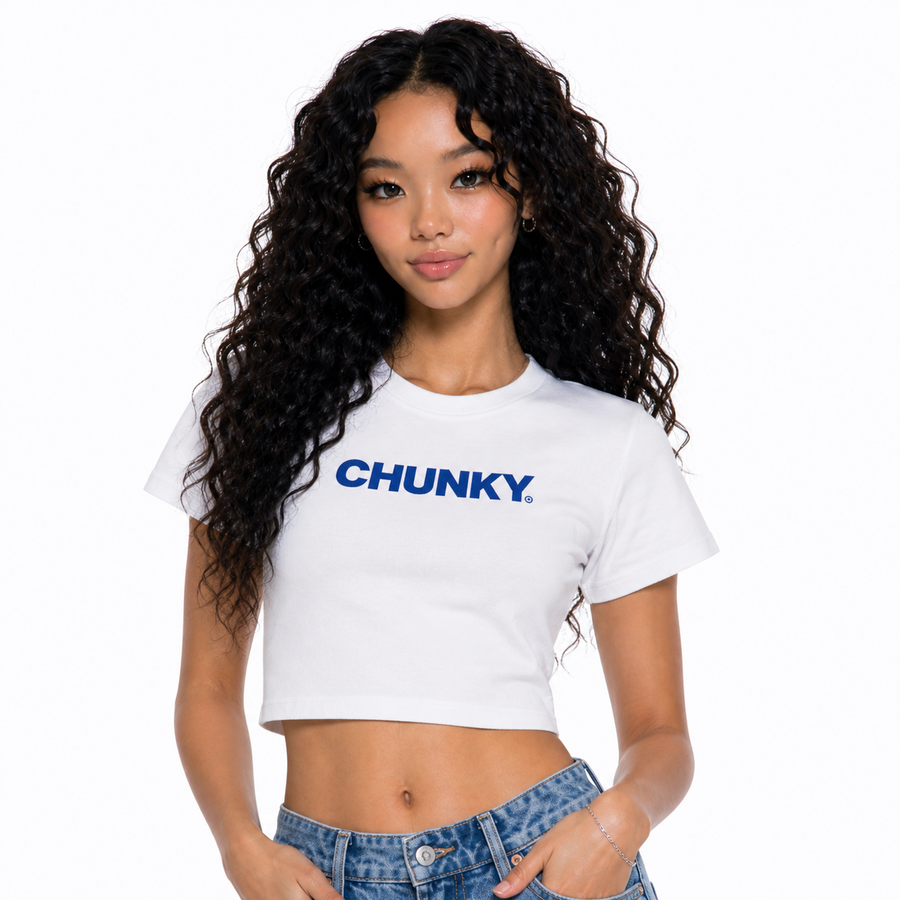 BAEPSAE CHUNKY Delete My Feelings white baby tee with blue logo