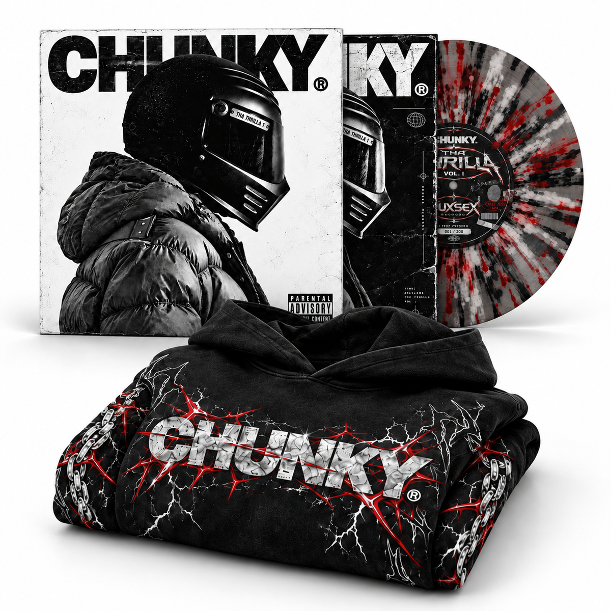 CHUNKY THA THRILLA Vol. 1 limited edition vinyl and black graphic hoodie bundle folded