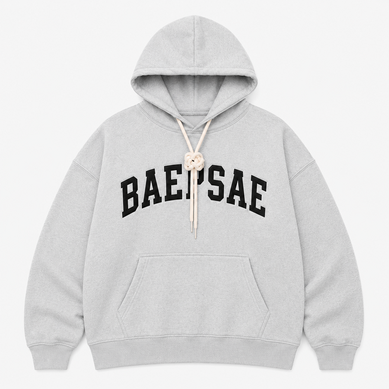 BAEPSAE Varsity Sport Rope Hoodie in heather grey with black varsity lettering and cream rope drawstring