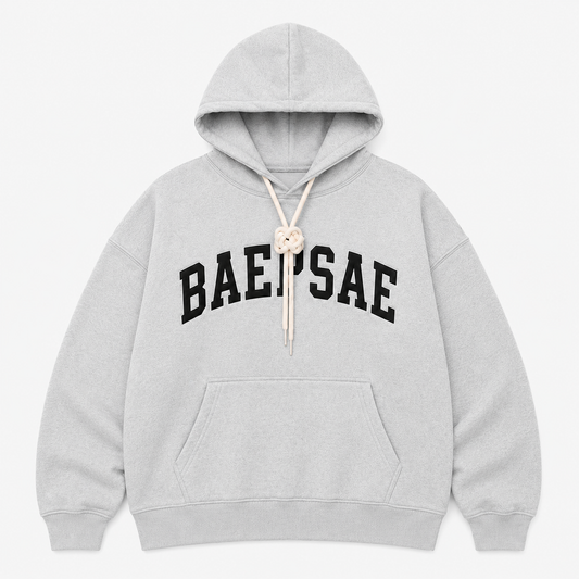 BAEPSAE Varsity Sport Rope Hoodie in heather grey with black varsity lettering and cream rope drawstring