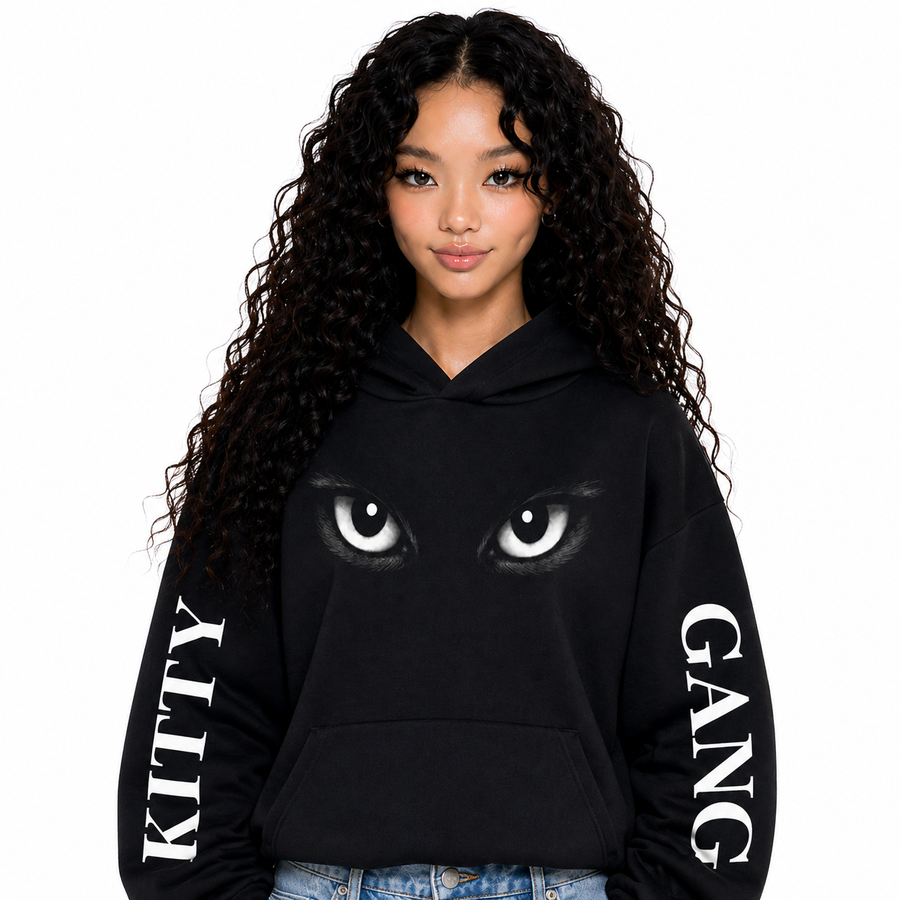 BAEPSAE black Kitty Gang hoodie with cat eyes front graphic and white sleeve lettering