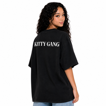 BAEPSAE Kitty Gang black oversized tee back view with white KITTY GANG print