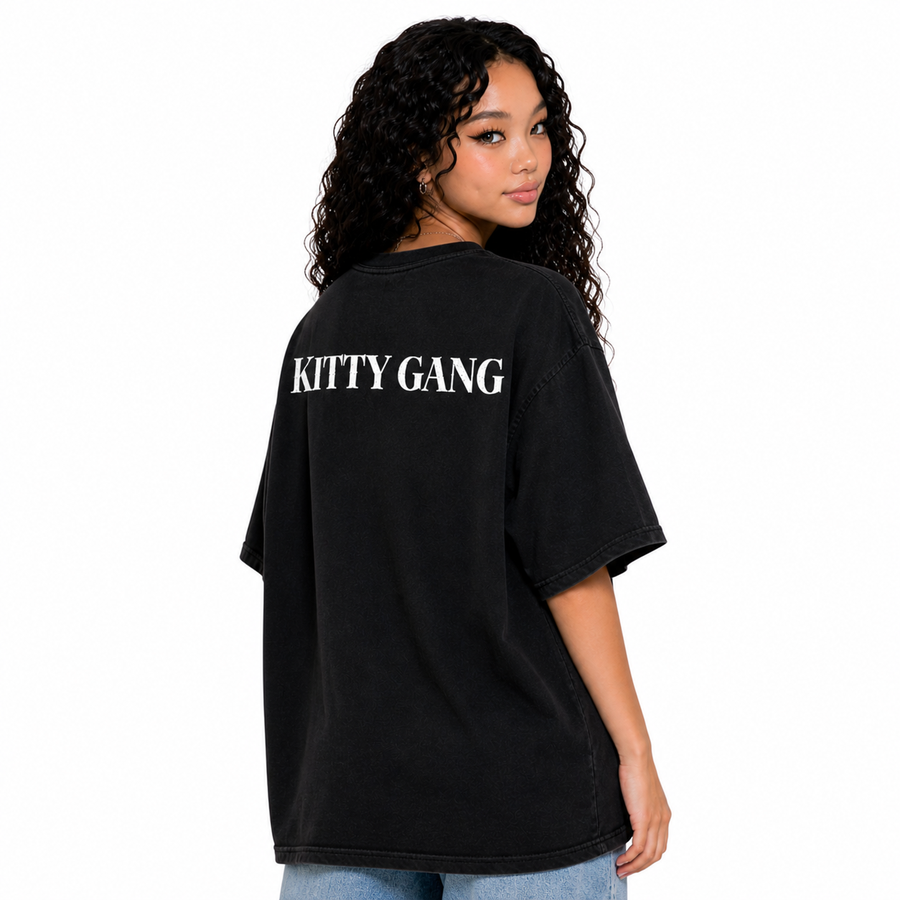 BAEPSAE Kitty Gang black oversized tee back view with white KITTY GANG print