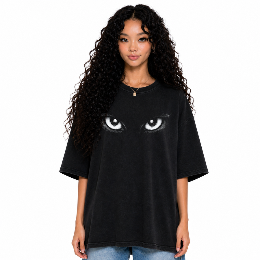 BAEPSAE Kitty Gang black oversized graphic tee with cat eyes front design