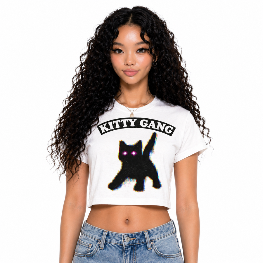BAEPSAE white Kitty Gang baby tee with  white glitch cat graphic and pink eyes