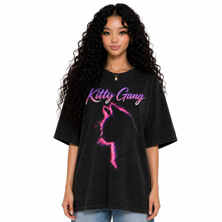 BAEPSAE black oversized Kitty Gang graphic tee with neon pink cat silhouette