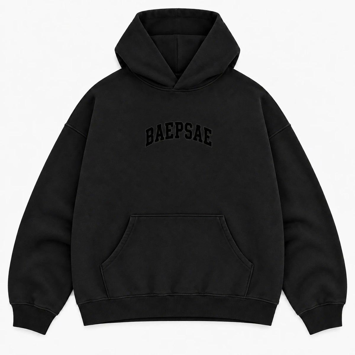 BAEPSAE Rotation oversized black heavyweight hoodie, front view with tonal black-on-black arched BAEPSAE chest print