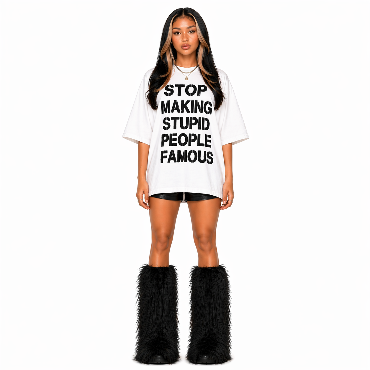 Full body model wearing BAEPSAE oversized white graphic tee