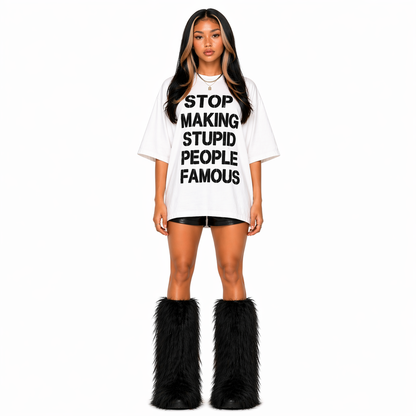 Full body model wearing BAEPSAE oversized white graphic tee