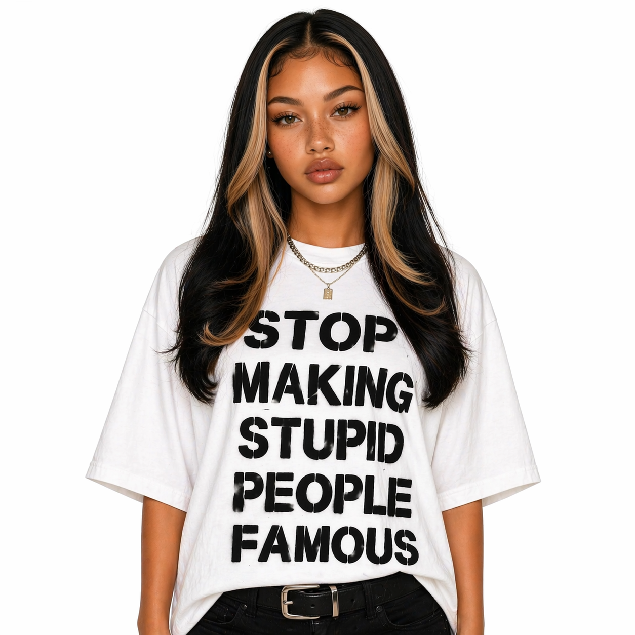 Model wearing BAEPSAE oversized statement streetwear shirt waist up