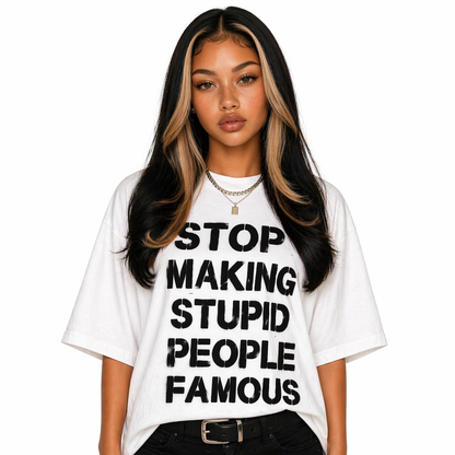 Model wearing BAEPSAE oversized statement streetwear shirt waist up