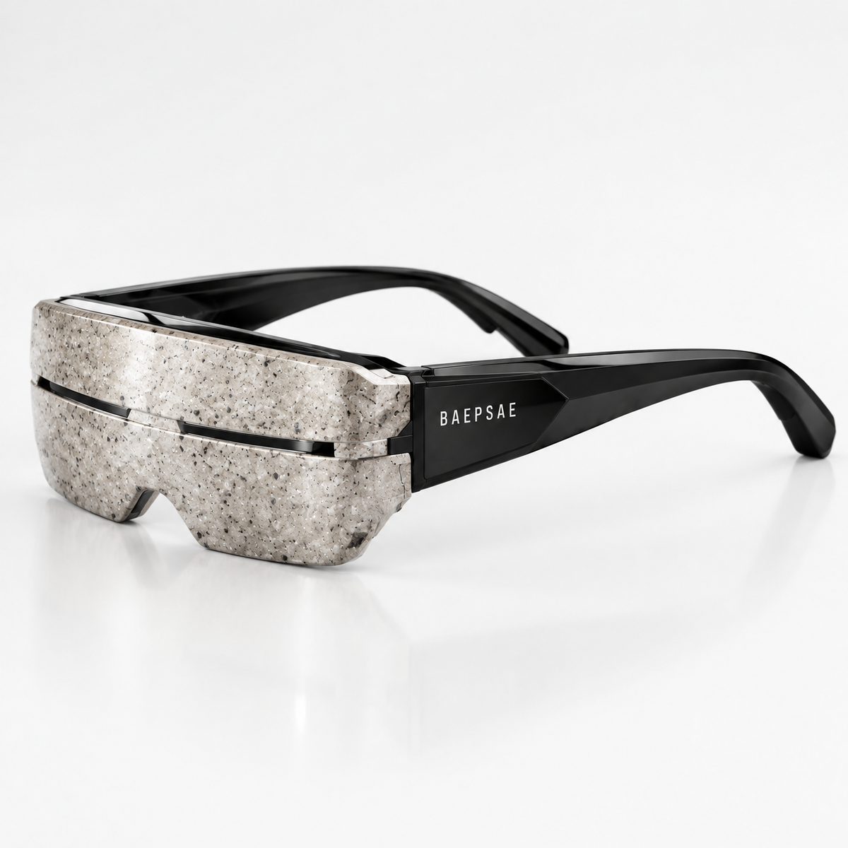 BAEPSAE VEIL 01 3D printed privacy shield sunglasses in stone resin, three-quarter product view