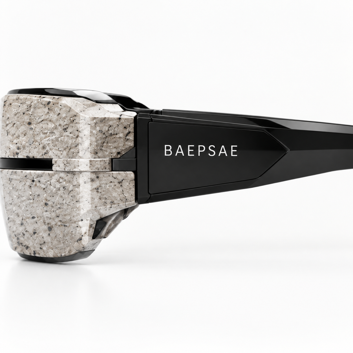 Side profile of BAEPSAE VEIL 01 3D printed eyewear with black BAEPSAE temple