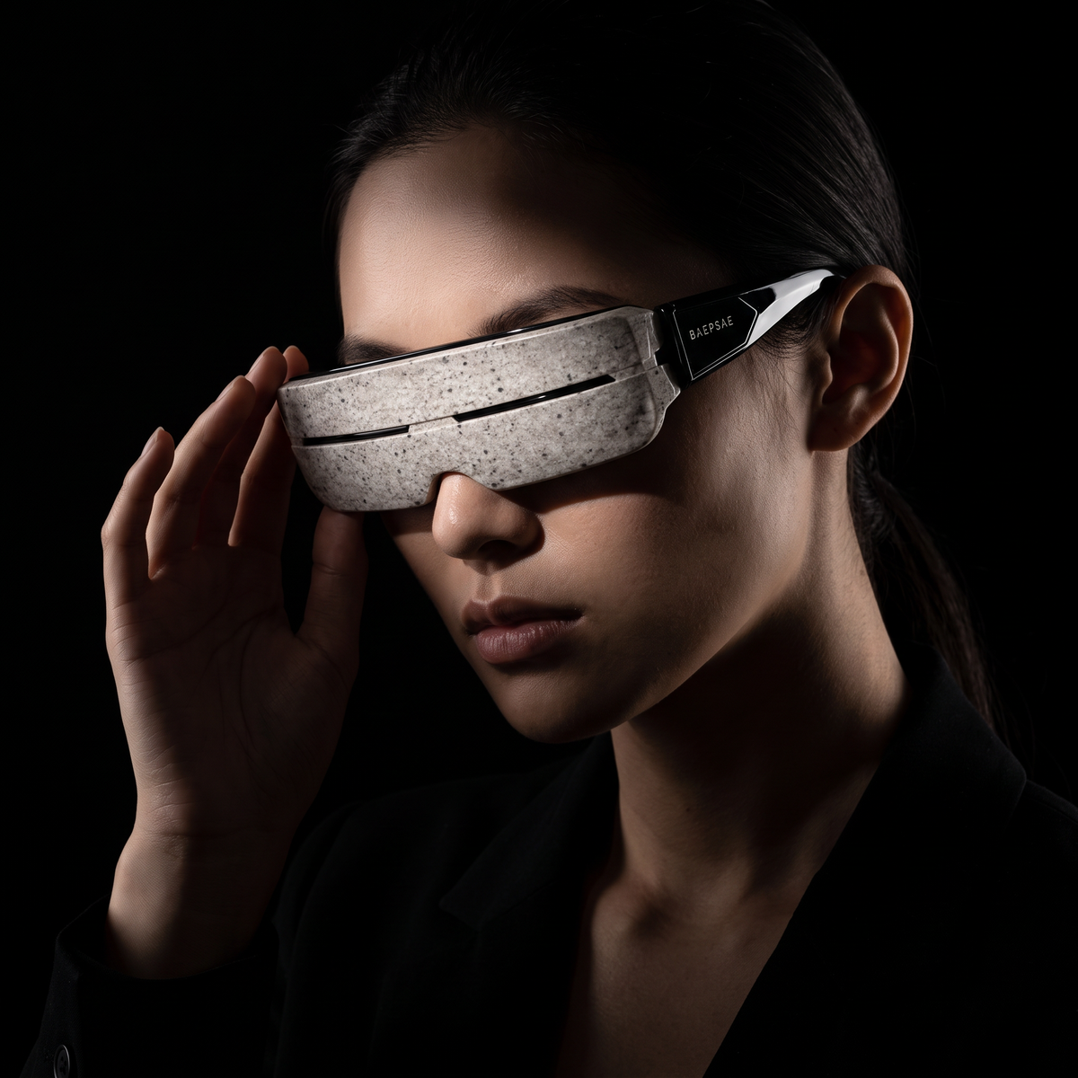 1. BAEPSAE VEIL 01 designer shield sunglasses worn in luxury fashion campaign