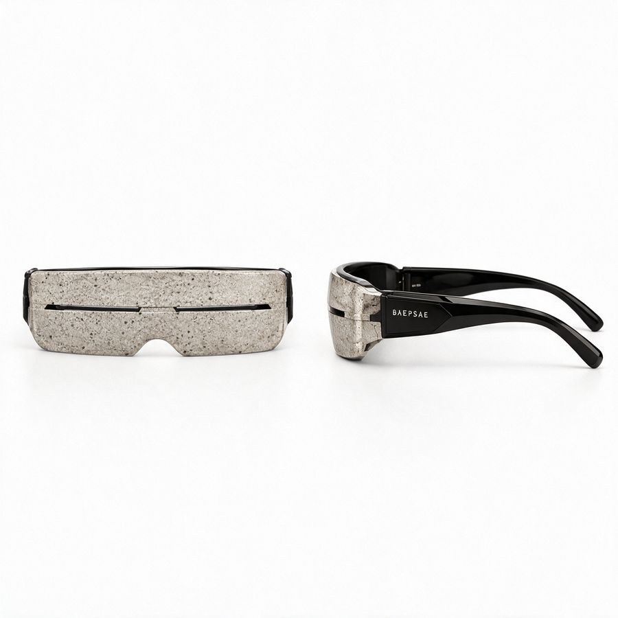 BAEPSAE VEIL 01 futuristic shield sunglasses shown from front and side