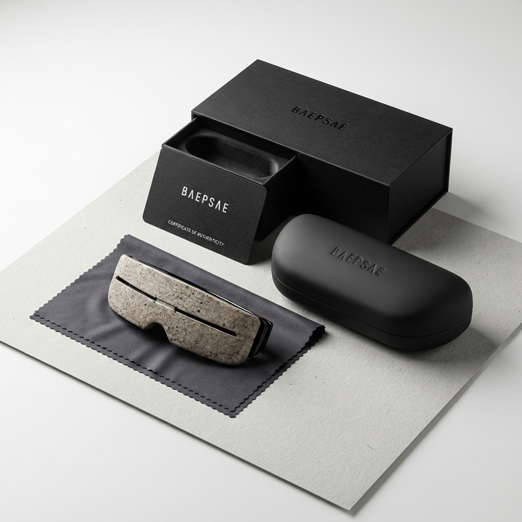 BAEPSAE VEIL 01 luxury eyewear packaging with case, cloth and presentation box