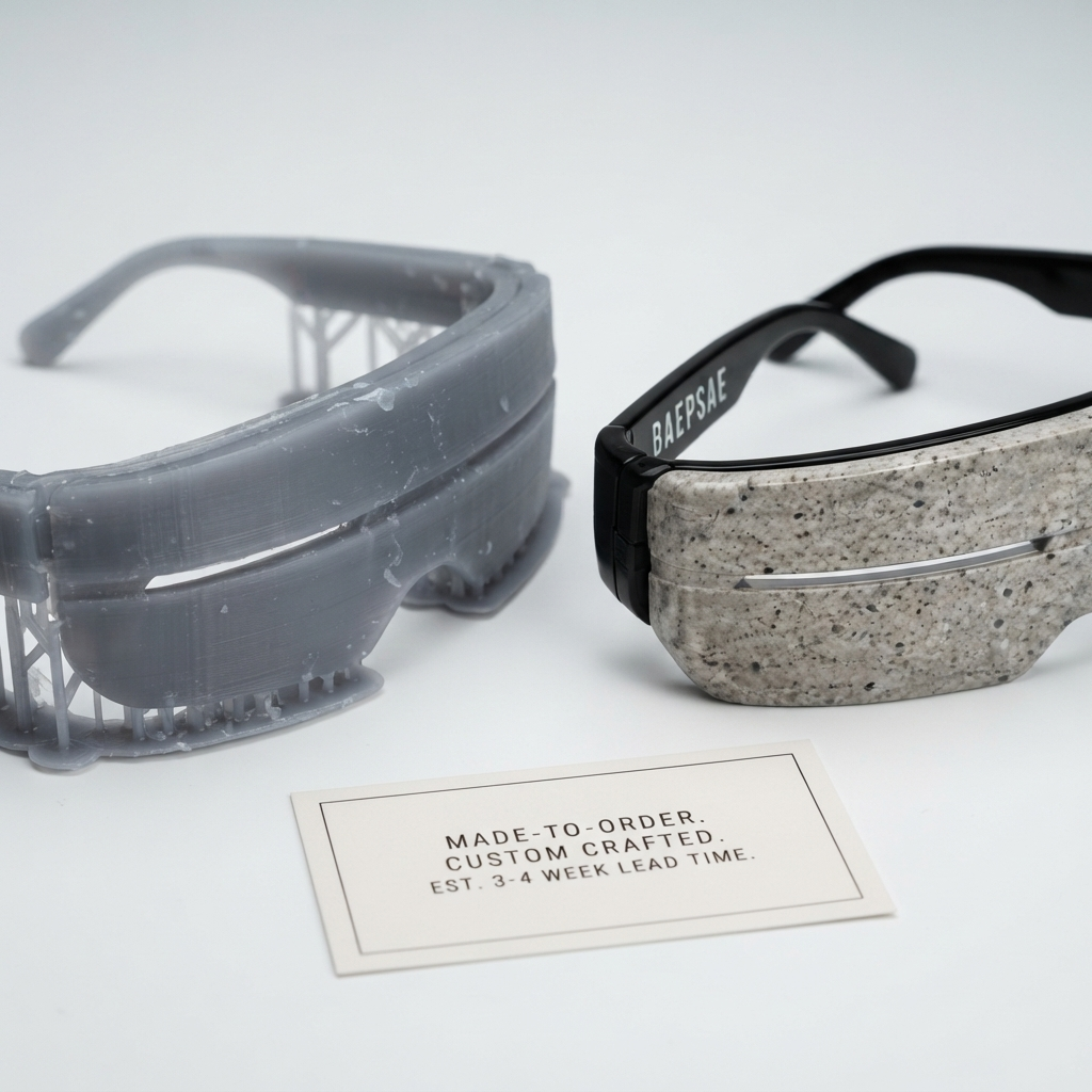 Made-to-order BAEPSAE VEIL 01 resin eyewear shown beside unfinished 3D printed prototype