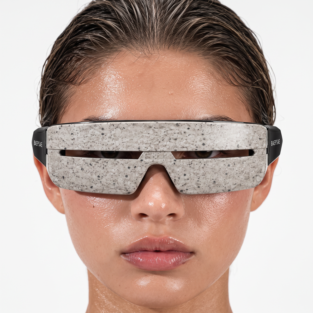 Model wearing BAEPSAE VEIL 01 privacy shield sunglasses, front view