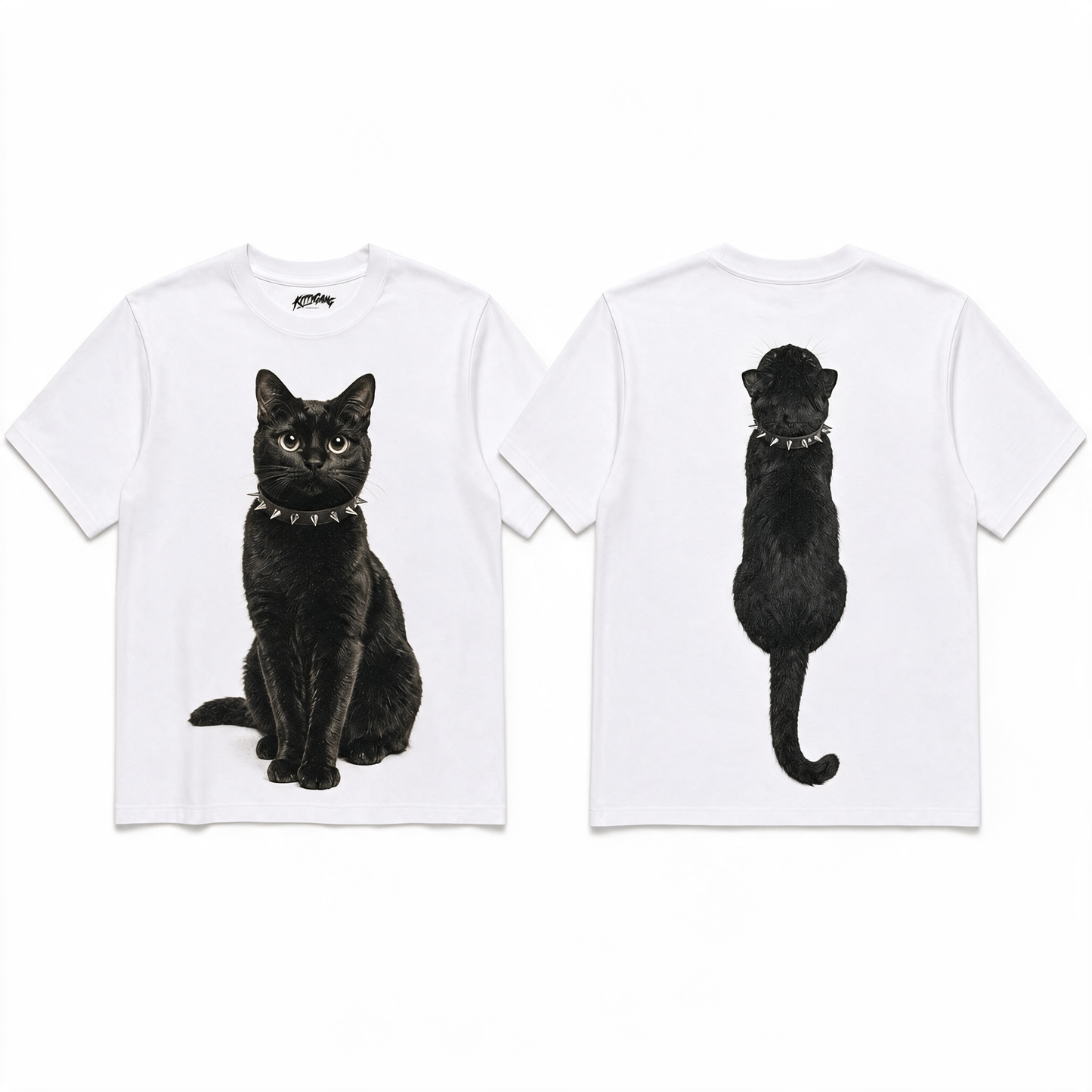 Front and back views of the Kitty Gang Nior black cat oversized tee