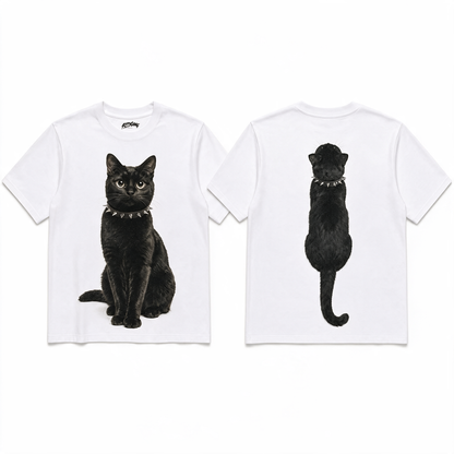 Front and back views of the Kitty Gang Nior black cat oversized tee