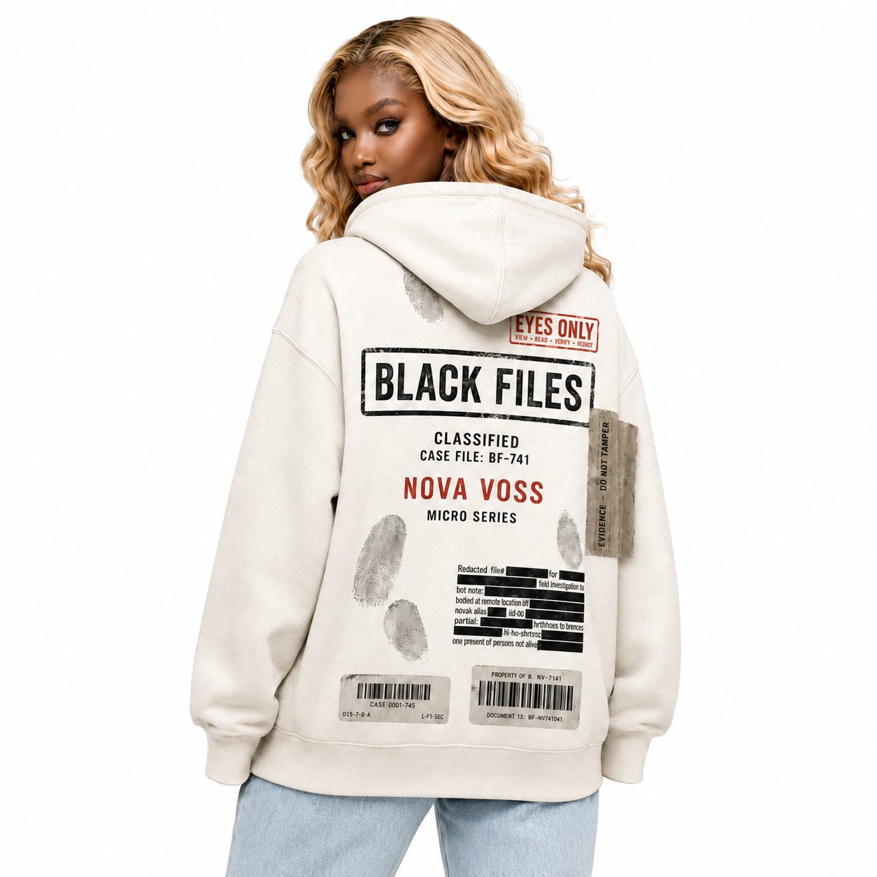 Close-up of BLACK FILES hoodie brown plastic evidence tape decal with Do Not Tamper text detail.