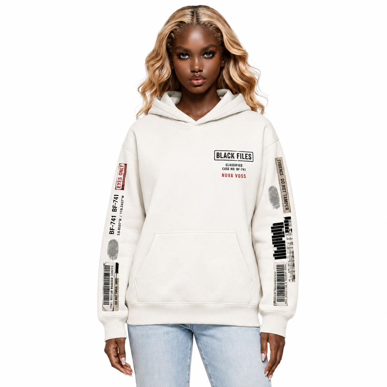 BLACK FILES Nova Voss hoodie front and back model view showing cream oversized fit, sleeve investigation graphics, and full classified case file back print.