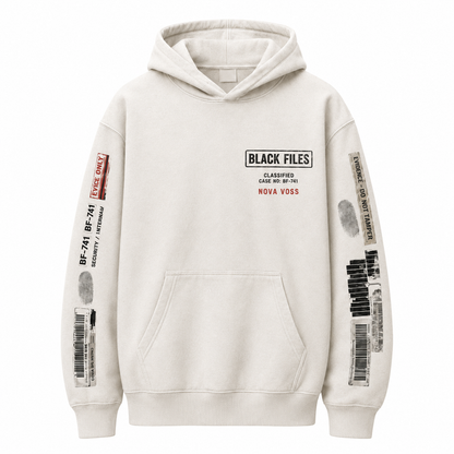 BLACK FILES hoodie sleeve detail with Eyes Only stamp, BF-741 case number, fingerprint mark, barcode print, and evidence-inspired graphics.