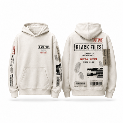 BLACK FILES Classified oversized cream hoodie back view featuring large case file graphic, Nova Voss text, red Eyes Only stamp, fingerprints, redacted document print, barcode patches, and evidence tape decal.