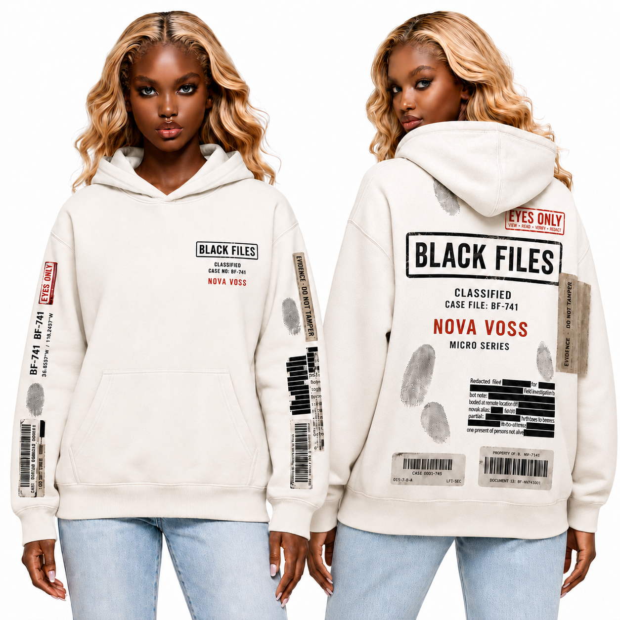 BLACK FILES Classified oversized cream hoodie front view with Nova Voss chest logo, sleeve evidence graphics, fingerprint details, and barcode prints.