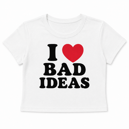 Woman wearing white I love bad ideas baby tee crop top flat