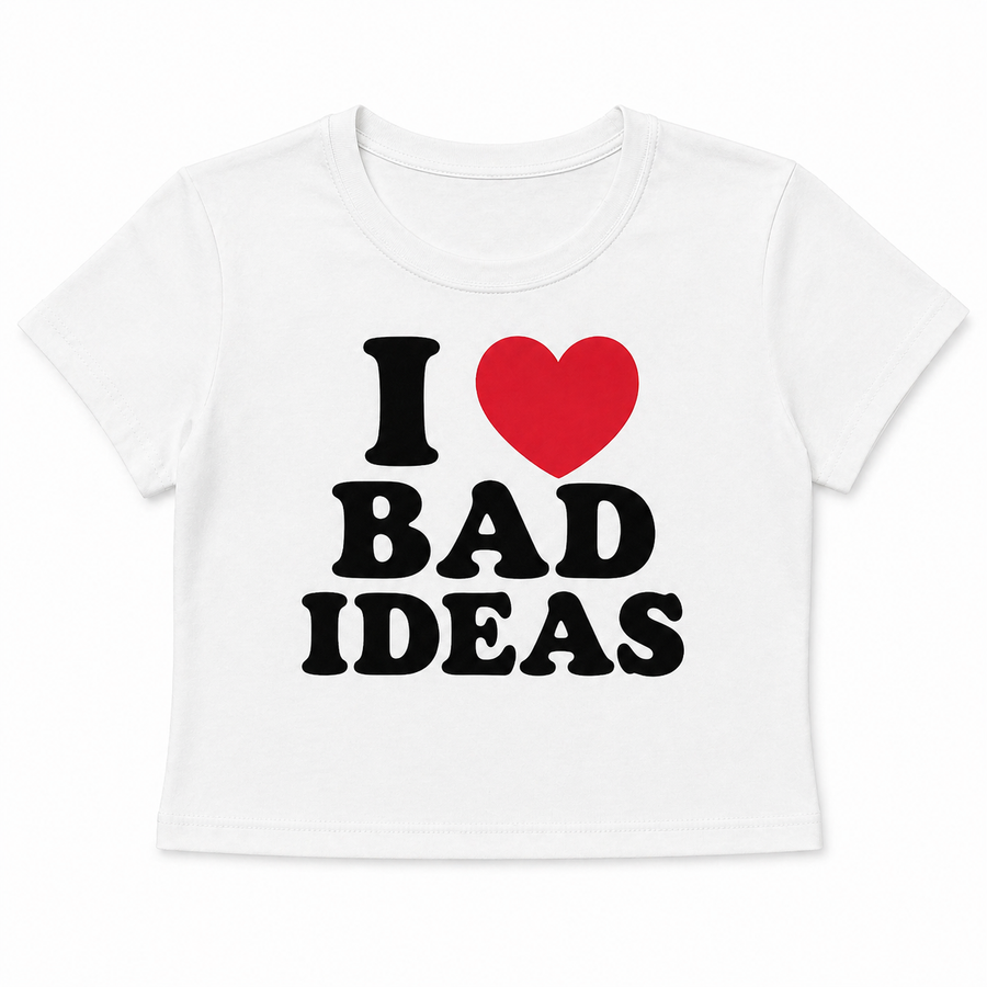 Woman wearing white I love bad ideas baby tee crop top flat